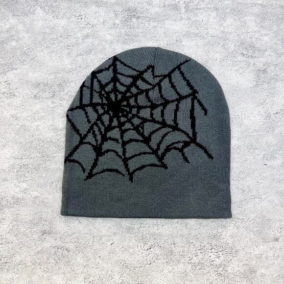 y2k 2000s grunge gothic spiderweb gray and black Grvty visions beanie - Picture 2 of 4